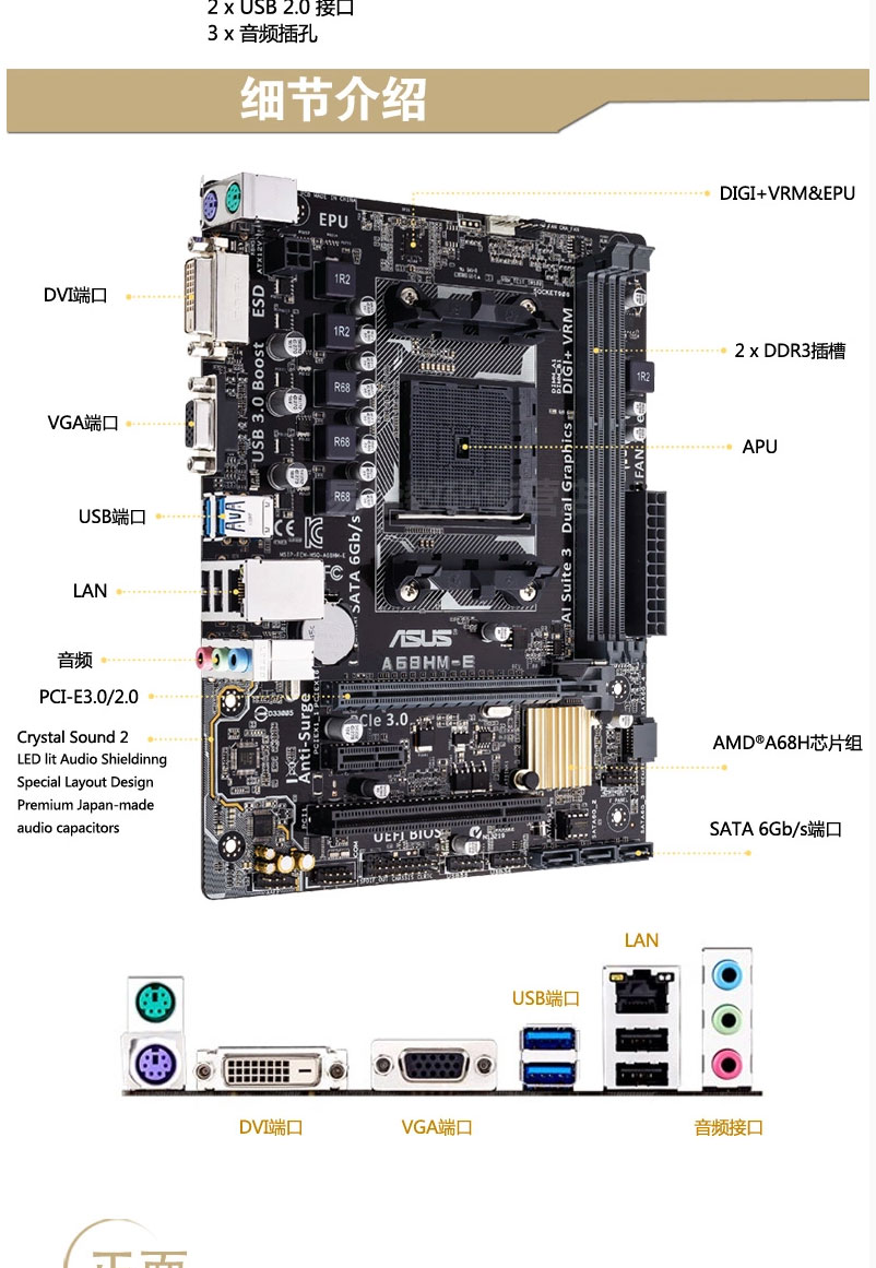 华硕(asus)a68hm-e 主板 amd 支持fm2  集显核心 支持